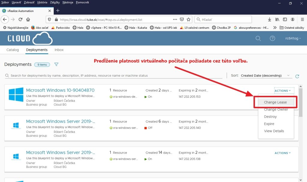 Výber možnosti Change Lease